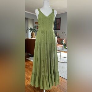 A COLLECTIVE STORY Women’s Green Eyelet Midi Dress Cotton Sz. L Fit & Flare